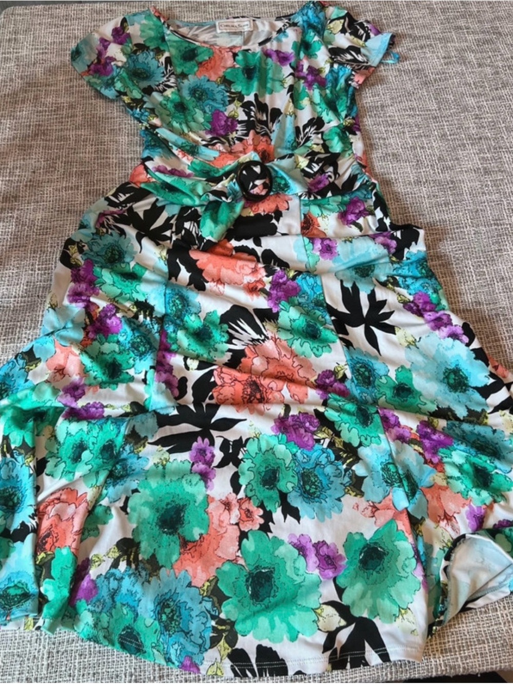 Floral Tie-Belt Midi Dress — Multicolor Green & Coral